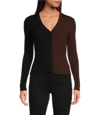 Sugarlips Olivia Mill Color Block Ribbed Knit V-Neck Long Sleeve Button Front Cardigan