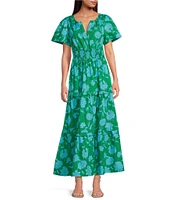Sugarlips Palmer Floral Print V-Neck Short Sleeve Tiered Poplin Maxi Dress