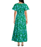 Sugarlips Palmer Floral Print V-Neck Short Sleeve Tiered Poplin Maxi Dress
