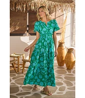 Sugarlips Palmer Floral Print V-Neck Short Sleeve Tiered Poplin Maxi Dress