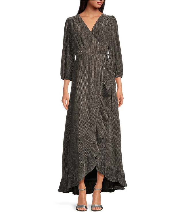 Sugarlips Plisse Shimmer V-Neck Long Sleeve Wrap Ruffle Maxi Dress |  Liberty Center