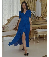 Sugarlips Plisse Shimmer V-Neck Short Sleeve Wrap Midi Dress