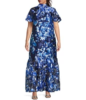 Sugarlips Plus Abay Floral Short Sleeve Jacquard/Organza Long Dress