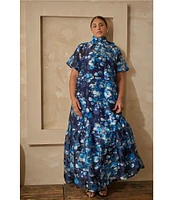 Sugarlips Plus Abay Floral Short Sleeve Jacquard/Organza Long Dress