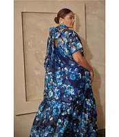 Sugarlips Plus Abay Floral Short Sleeve Jacquard/Organza Long Dress