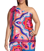 Sugarlips Plus Abstract/Geometric/Tropical Printed One-Shoulder Coordinating Top