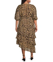 Sugarlips Plus Animal Print 1/2 Balloon Sleeve Asymmetrical Tiered Midi Dress