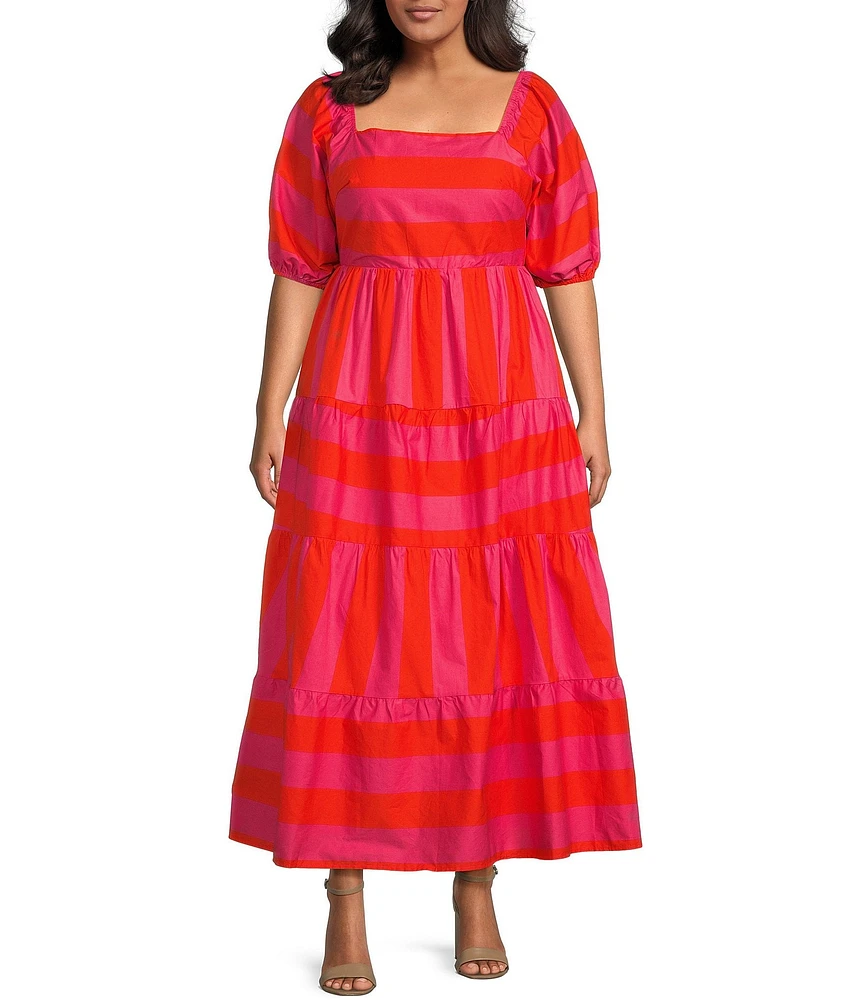Sugarlips Plus Azalea Mixed-Stripe Puffed Sleeve Poplin Long Dress