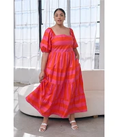 Sugarlips Plus Azalea Mixed-Stripe Puffed Sleeve Poplin Long Dress