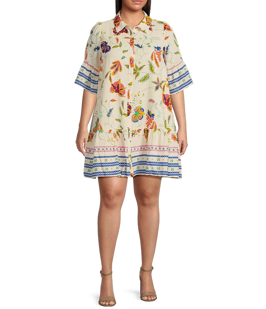 Sugarlips Plus Border Floral/Paisley Printed Short Sleeve Shift Dress