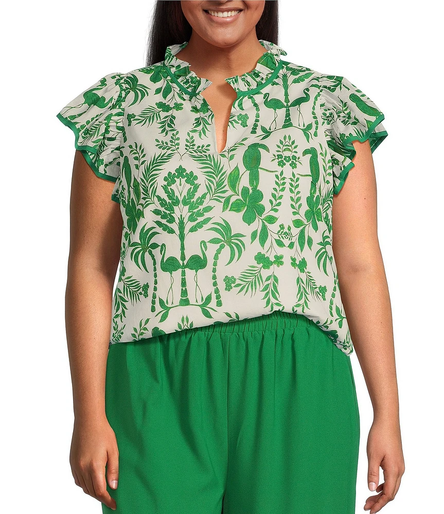 Sugarlips Plus Davina Flutter-Sleeve Tropical-Printed Woven Blouse