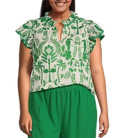 Sugarlips Plus Davina Flutter-Sleeve Tropical-Printed Woven Blouse
