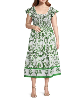 Sugarlips Plus Double Ruffle Poplin Scoop Neck Smocked Midi Dress