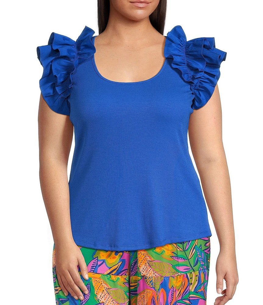 Sugarlips Plus Double Ruffle Ribbed and Poplin Short Sleeve Top