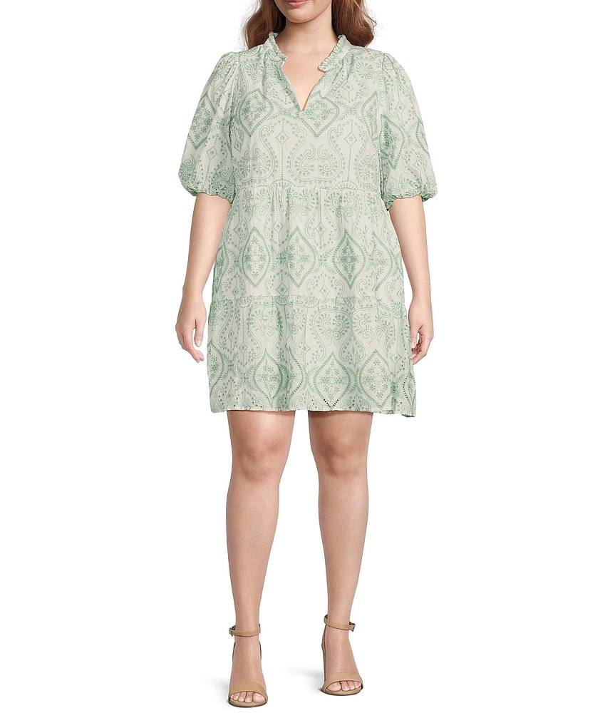 Sugarlips Plus Evelyn Jacey Floral/Paisley Eyelet Embroidered Puffed Sleeve Shift Dress