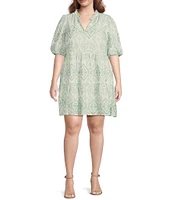 Sugarlips Plus Evelyn Jacey Floral/Paisley Eyelet Embroidered Puffed Sleeve Shift Dress