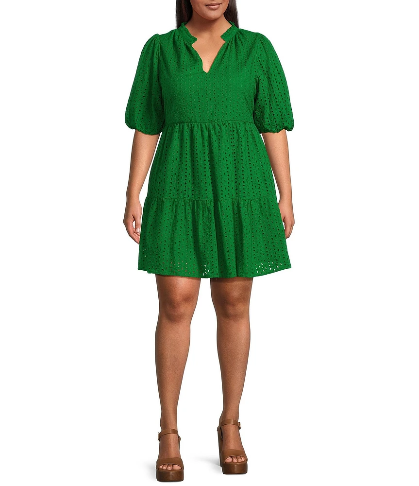 Sugarlips Plus Eyelet Solid Babydoll Shift Mini Dress