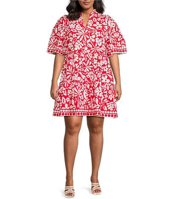 Sugarlips Plus Floral Placement/Border Printed Short Sleeve Shift Dress