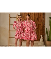 Sugarlips Plus Floral Placement/Border Printed Short Sleeve Shift Dress