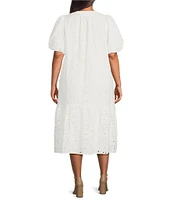 Sugarlips Plus Floral/Geometric Puff-Sleeve Eyelet Embroidered Midi Shift Dress