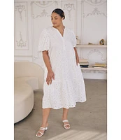 Sugarlips Plus Floral/Geometric Puff-Sleeve Eyelet Embroidered Midi Shift Dress