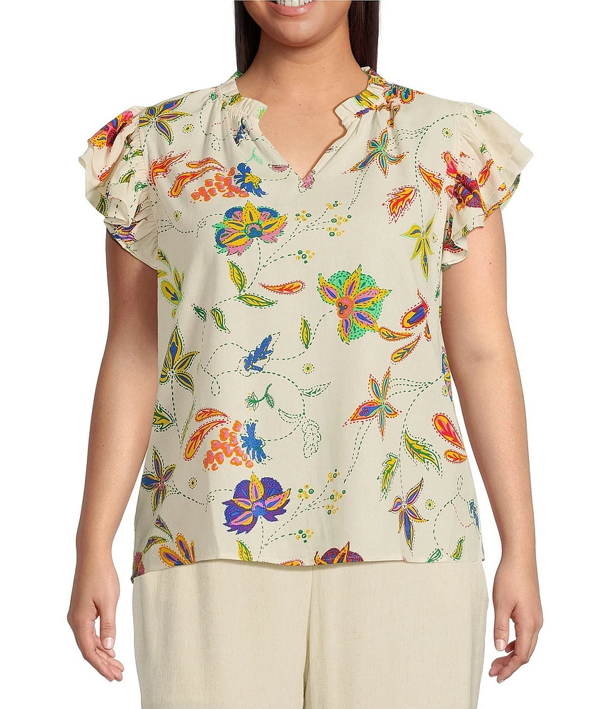 Sugarlips Plus Floral/Paisley Printed Flutter-Sleeve Woven Top