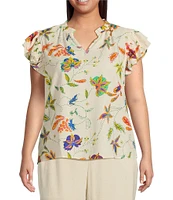 Sugarlips Plus Floral/Paisley Printed Flutter-Sleeve Woven Top