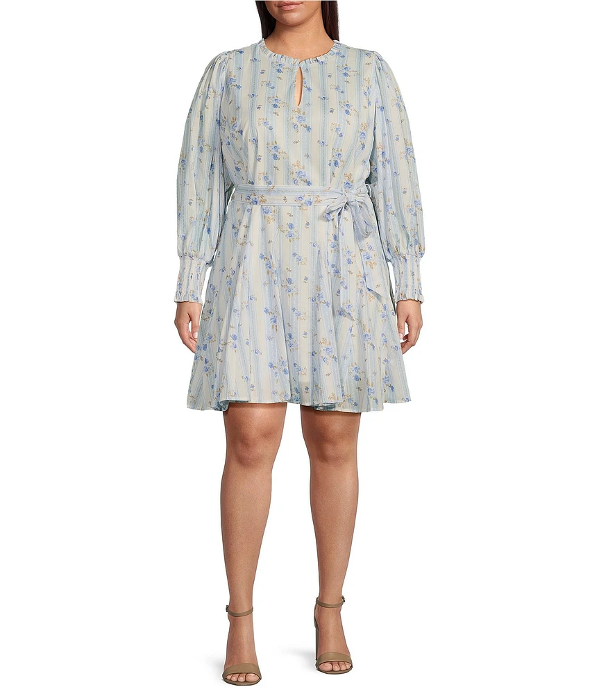 Sugarlips Plus Floral/Striped Balloon Sleeve Godet Inset Minidress