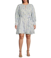 Sugarlips Plus Floral/Striped Balloon Sleeve Godet Inset Minidress