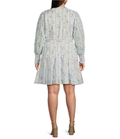 Sugarlips Plus Floral/Striped Balloon Sleeve Godet Inset Minidress