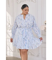 Sugarlips Plus Floral/Striped Balloon Sleeve Godet Inset Minidress
