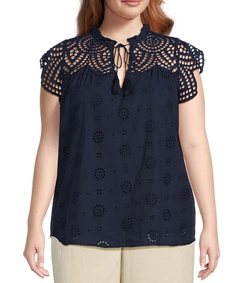 Sugarlips Plus Ginna Eyelet Embroidered Lace Tassel Accented Tie Top