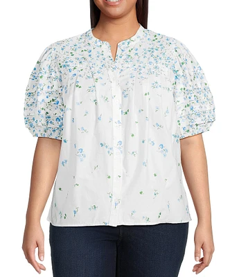 Sugarlips Plus Gradient Floral Printed Puffed Sleeve Poplin Shirt