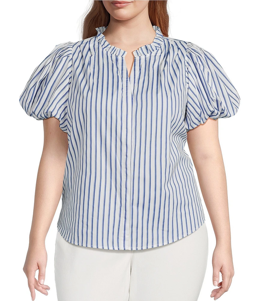 Sugarlips Plus Jayla Vertical-Striped Puffed Sleeve Button Front Shirt
