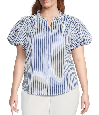 Sugarlips Plus Jayla Vertical-Striped Puffed Sleeve Button Front Shirt
