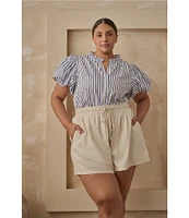 Sugarlips Plus Jayla Vertical-Striped Puffed Sleeve Button Front Shirt