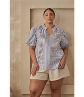 Sugarlips Plus Jayla Vertical-Striped Puffed Sleeve Button Front Shirt