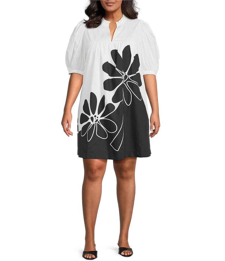 Sugarlips Plus Julissa Placement-Floral-Print Puff-Sleeve Babydoll Dress