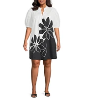 Sugarlips Plus Julissa Placement-Floral-Print Puff-Sleeve Babydoll Dress