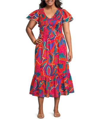 Sugarlips Plus Kahlia Tropical Printed Flutter Sleeve Tiered Midi Dress