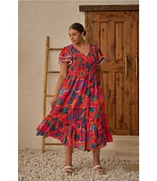 Sugarlips Plus Kahlia Tropical Printed Flutter Sleeve Tiered Midi Dress