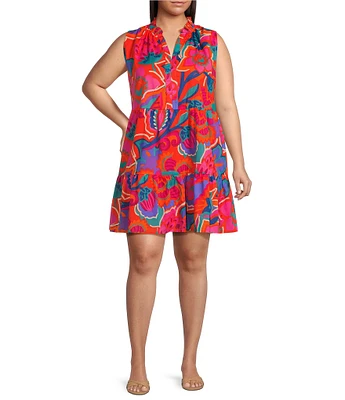 Sugarlips Plus Kahlia Tropical-Printed Sleeveless Poplin Shift Dress