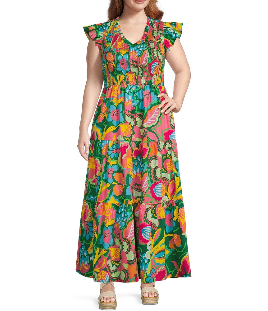 Sugarlips Plus Lanai Tropics Sunfire Smocked Bodice Flutter Sleeve Tiered Poplin Midi Dress