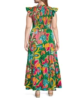 Sugarlips Plus Lanai Tropics Sunfire Smocked Bodice Flutter Sleeve Tiered Poplin Midi Dress