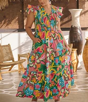Sugarlips Plus Lanai Tropics Sunfire Smocked Bodice Flutter Sleeve Tiered Poplin Midi Dress