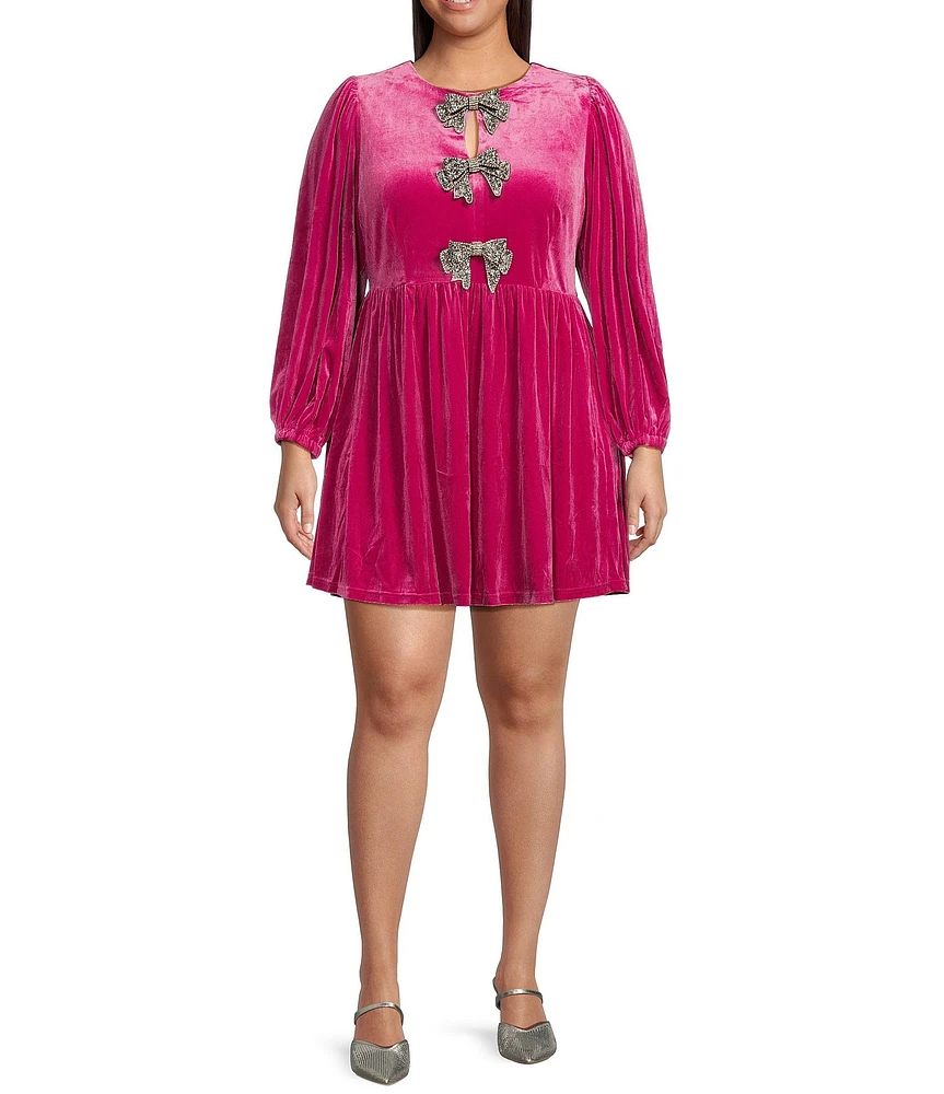Sugarlips Plus Long Sleeve Bow Velvet Mini Dress