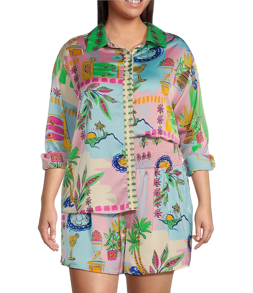 Sugarlips Plus Long Sleeve Coordinating Retro Novetly Printed Blouse