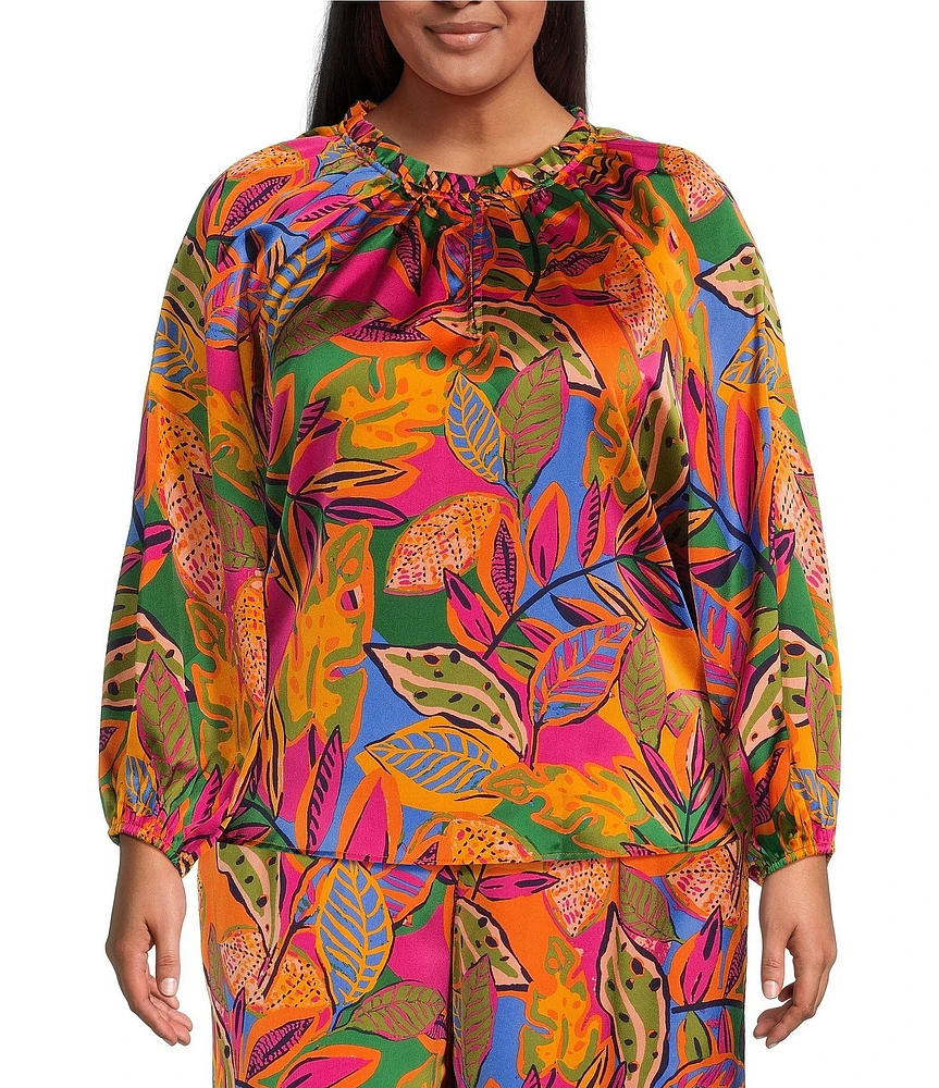 Sugarlips Plus Size Ruffled Split Neckline Balloon Long Sleeve Tropical Printed Blouse