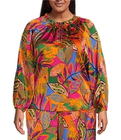 Sugarlips Plus Size Ruffled Split Neckline Balloon Long Sleeve Tropical Printed Blouse