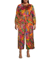 Sugarlips Plus Size Ruffled Split Neckline Balloon Long Sleeve Tropical Printed Blouse